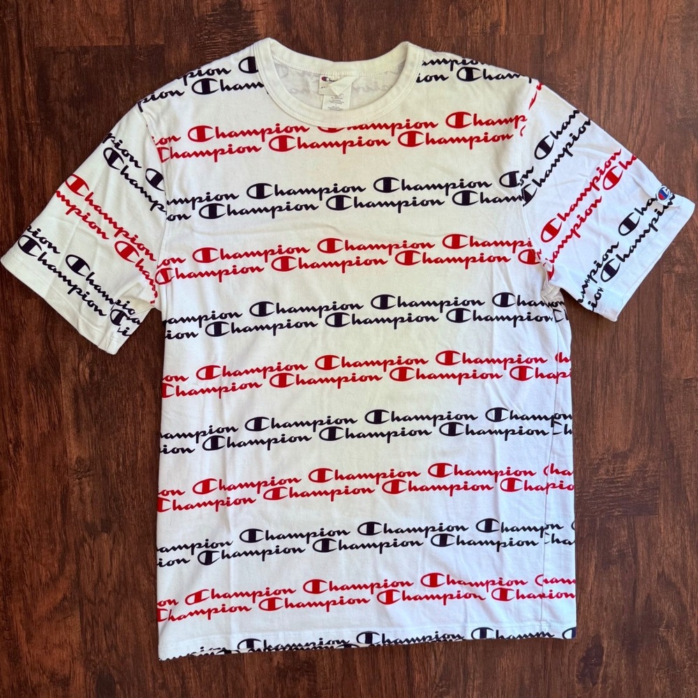 Retro Champion AOP Tee Heritage White Red‎ Blue Logo Mens Large